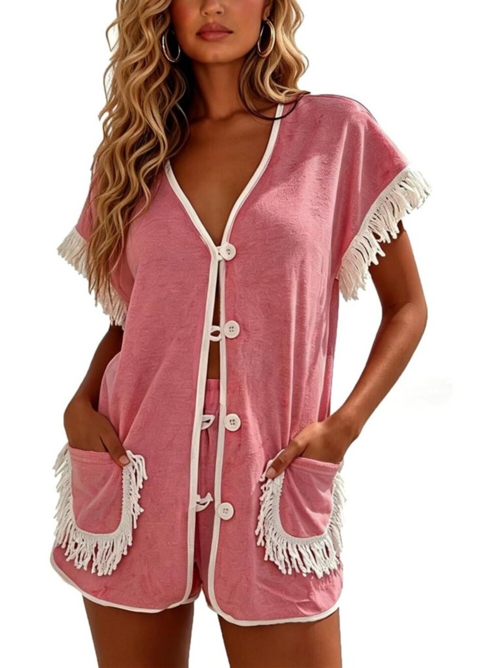Chic Women's 2-Piece Fringed Trim Vacation Set | Short Sleeve V-Neck Top